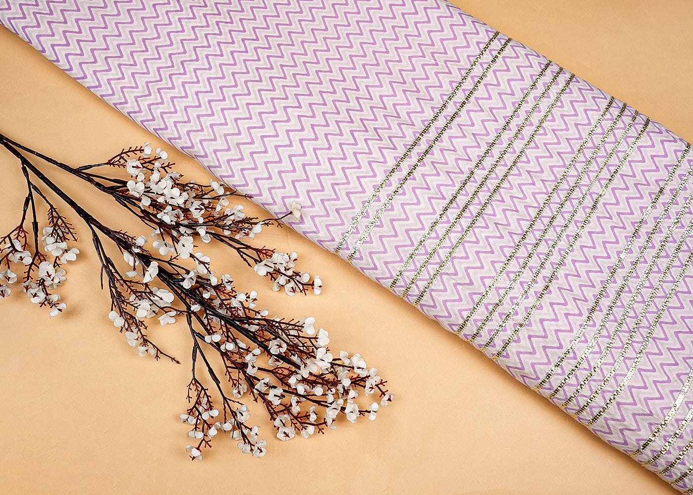 Lavender Cotton Fabric with Allover Print and Gota Work 13559