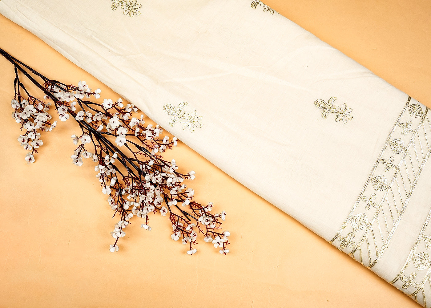 White Cotton Fabric with Allover Buti and Border of Gota Patti Work 13573