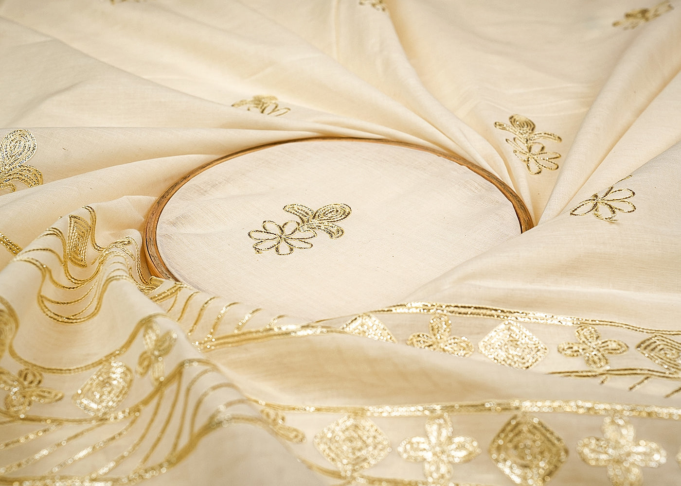 White Cotton Fabric with Allover Buti and Border of Gota Patti Work 13573