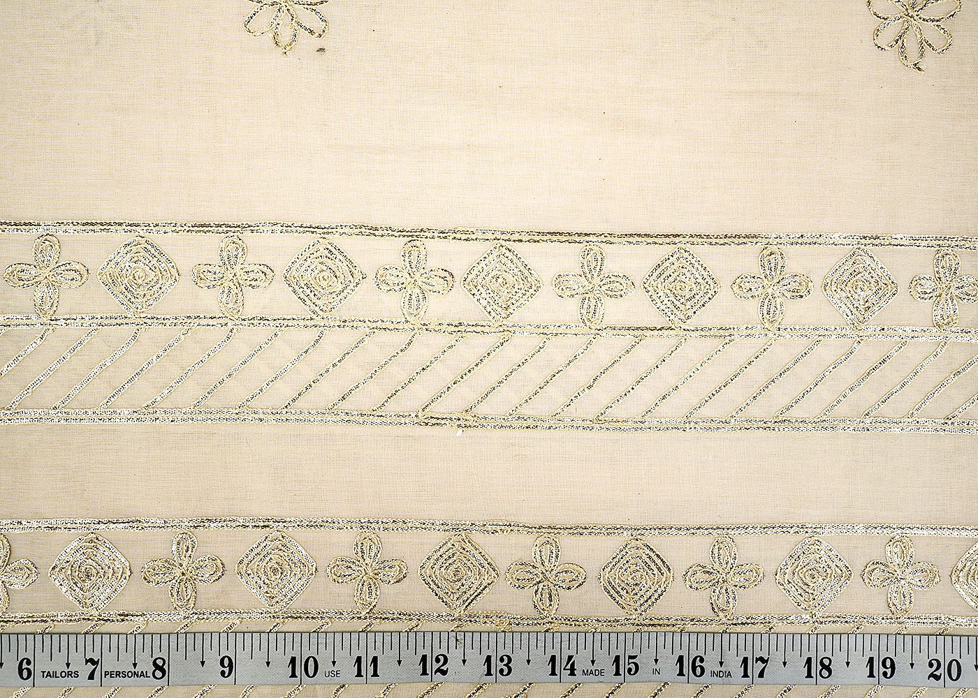 White Cotton Fabric with Allover Buti and Border of Gota Patti Work 13573