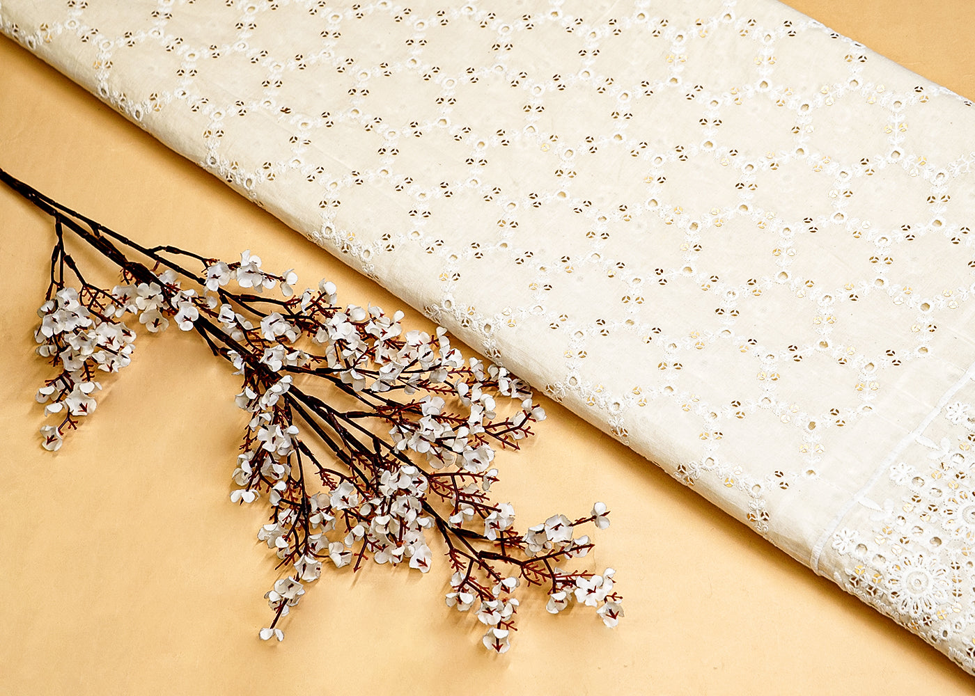White Cotton Dobby Fabric with Allover Thread Work and Border 13582