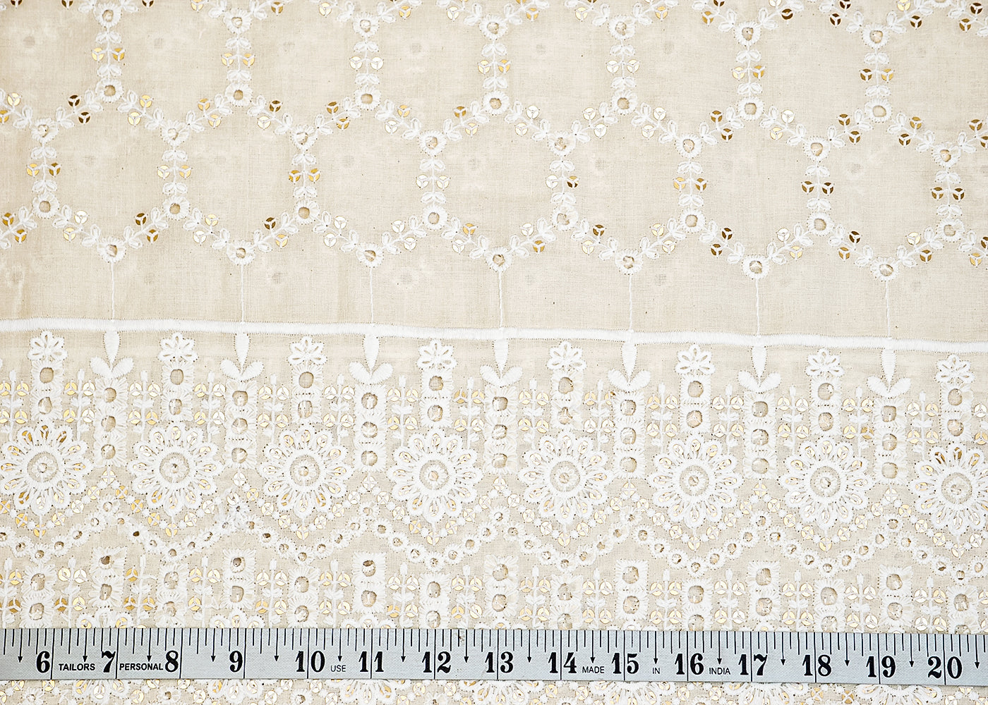 White Cotton Dobby Fabric with Allover Thread Work and Border 13582