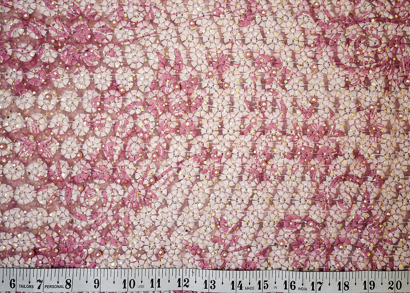 Onion Organza Fabric with Allover Thread, Foil, and Pearl Work 13601