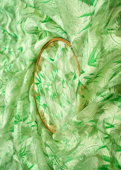 Light Green Organza Fabric with Allover Thread Work 13605
