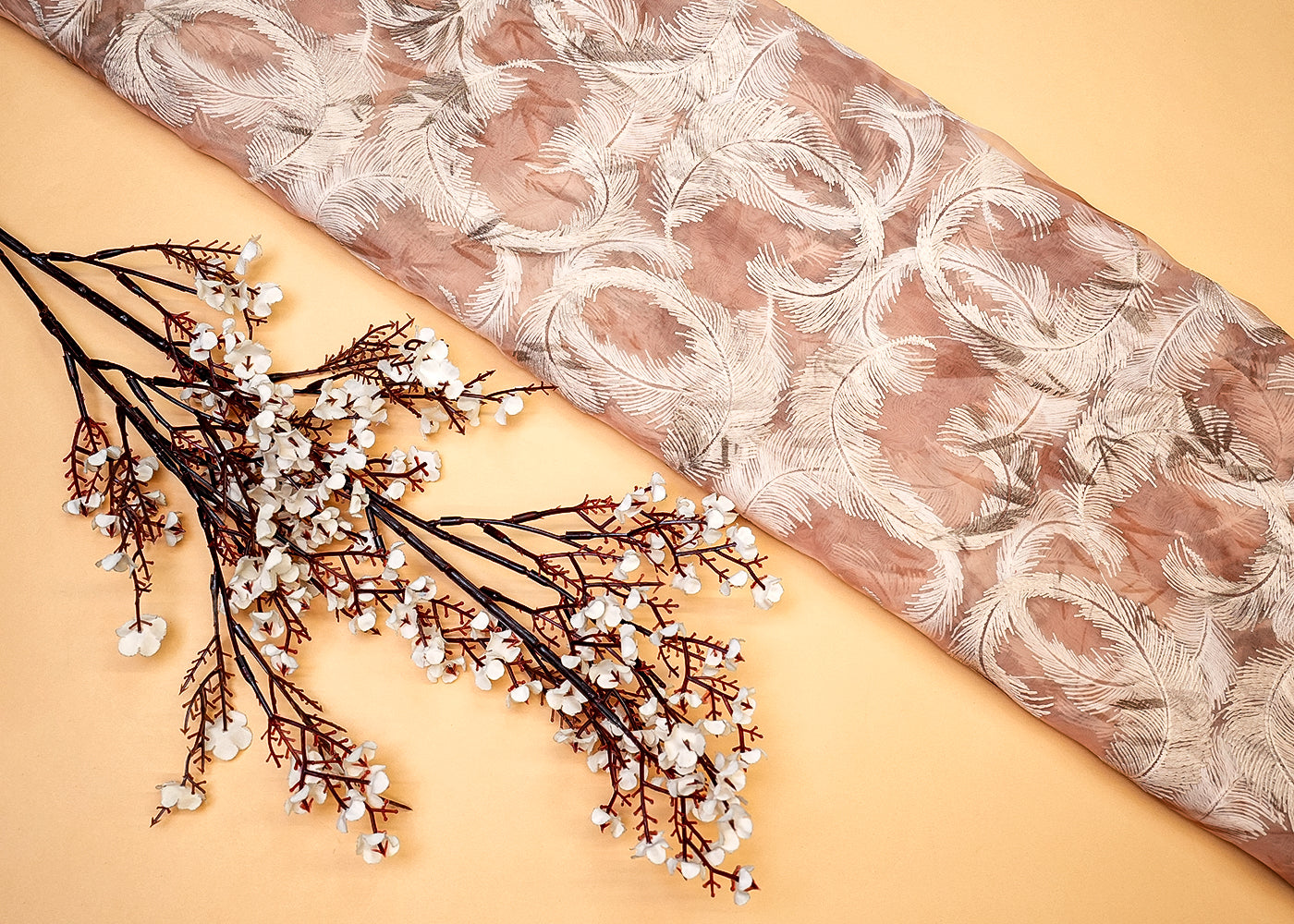 Camel Organza Fabric with Allover Thread Work 13607