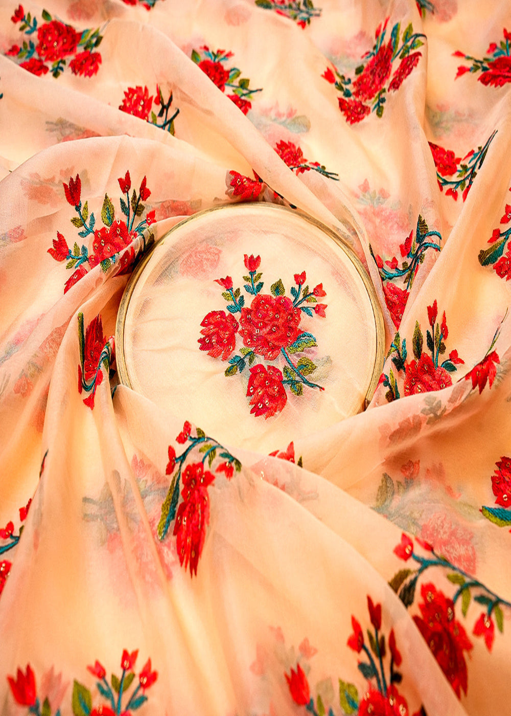 Light-Peach-Organza-Fabric-with-Allover-Floral-Work-of-Sequins-&-Thread-13611-close-view