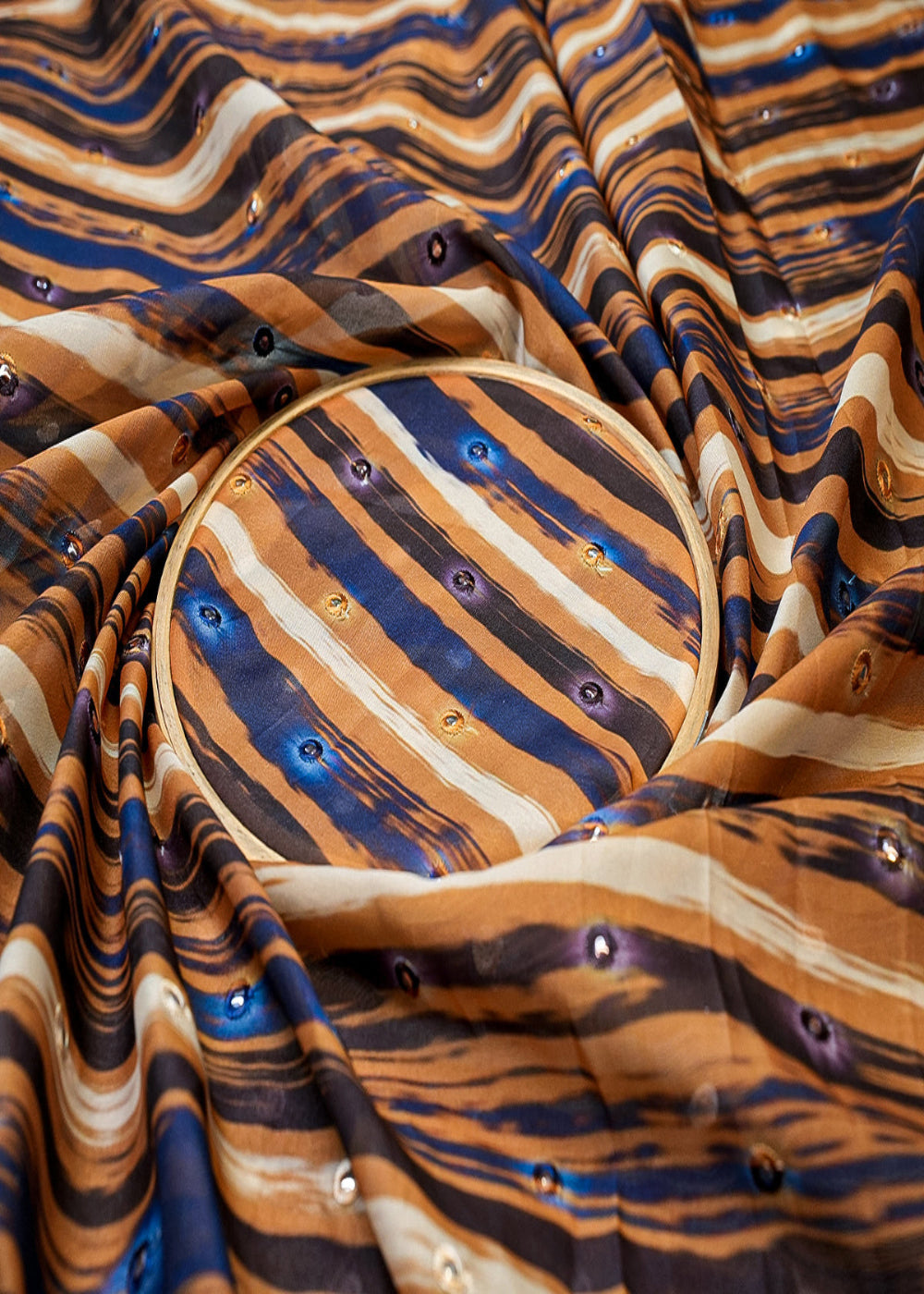 Multi-Color-Organza-Fabric-with-Allover-Print,-Faux-Mirror-&-Thread-Work-13614-close-view