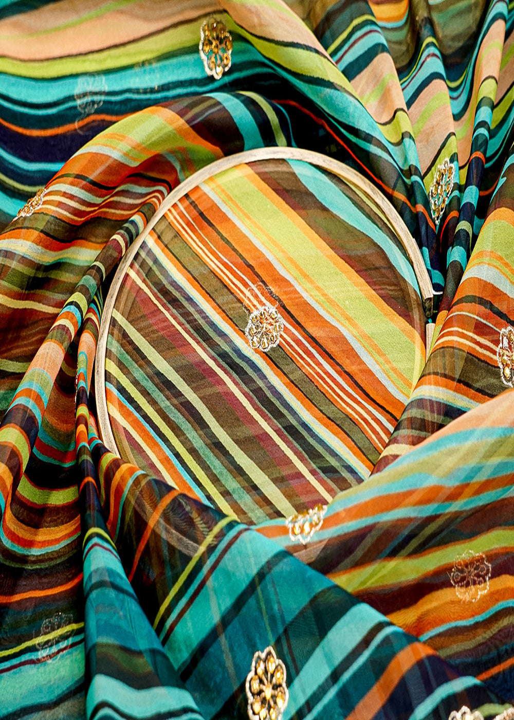 Multi-Color-Organza-Fabric-with-Allover-Print-and-Buti-of-Swarovski-&-Thread-13617-close-view
