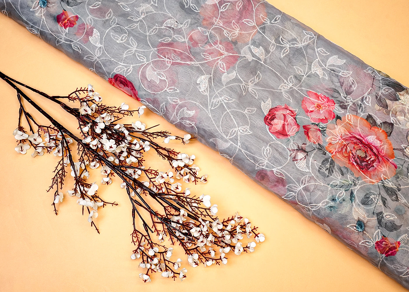 Grey Organza Fabric with Allover Floral Print, Thread & Sequins Work 13621