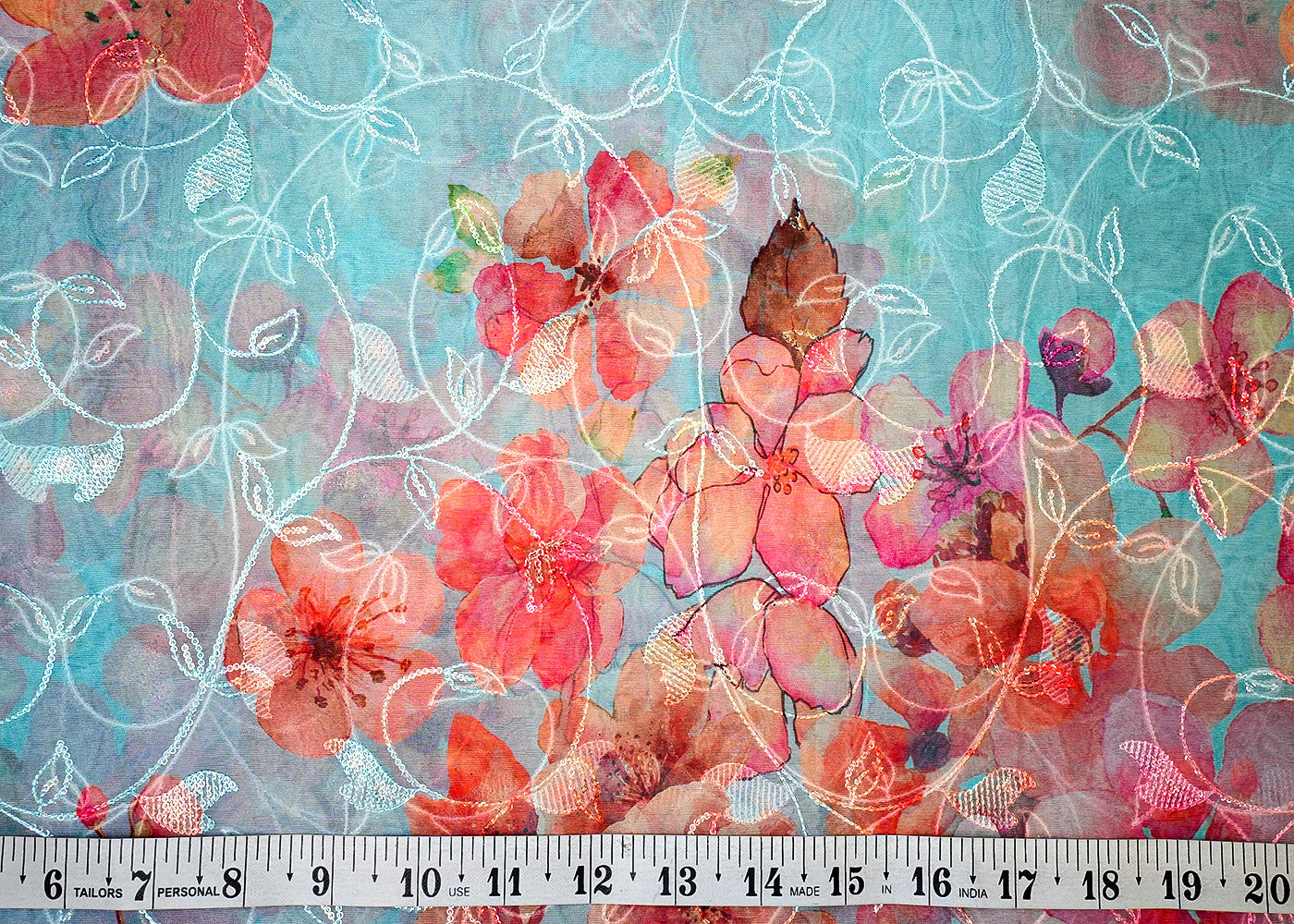 Sky Blue Organza Fabric with Allover Floral Print, Thread & Sequins Work 13634