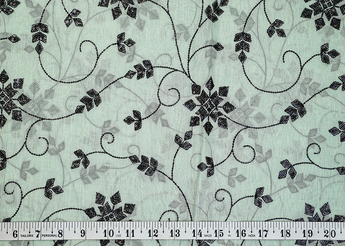 Mint Green Organza Fabric with Allover Black Thread and Sequins Work 13639