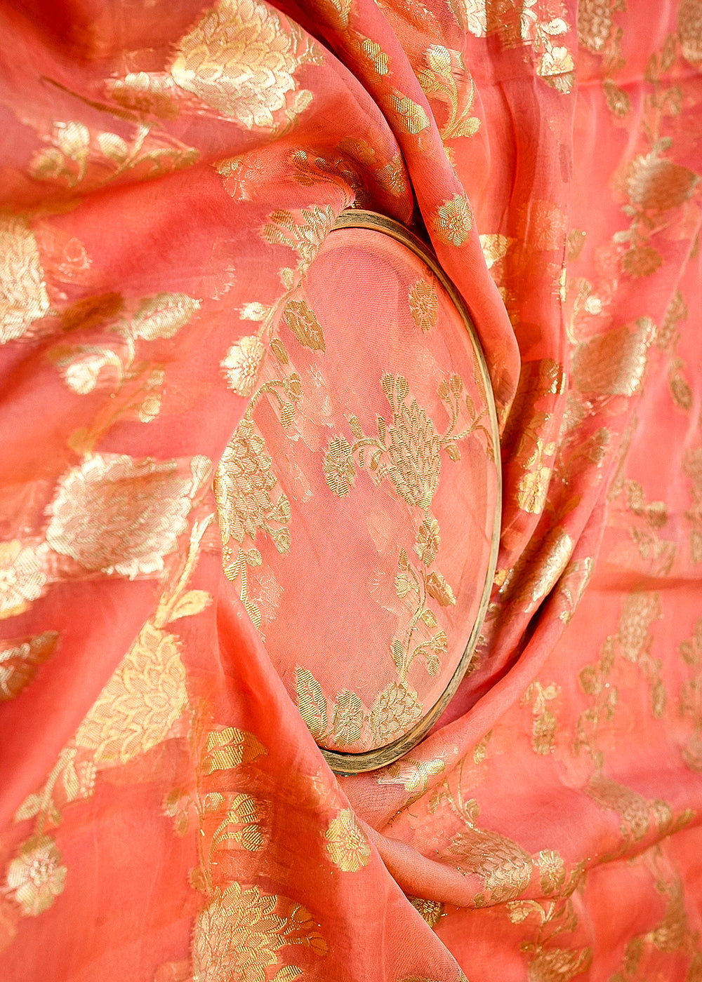 Peach-Organza-Fabric-with-Allover-Floral-Golden-Thread-Weave-13641-close-view