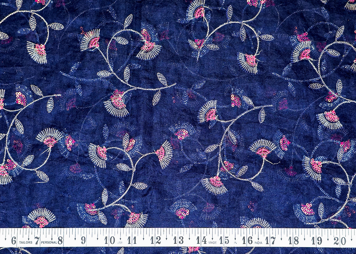 Dark Blue Organza Fabric with Allover Thread and Sequins Work 13649
