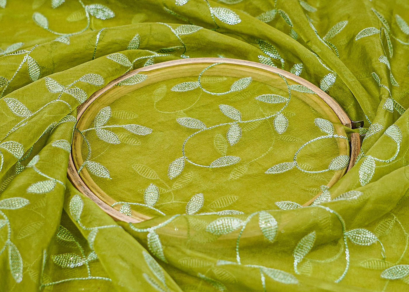 Mehendi Organza Fabric with Allover Thread and Sequins Work 13650