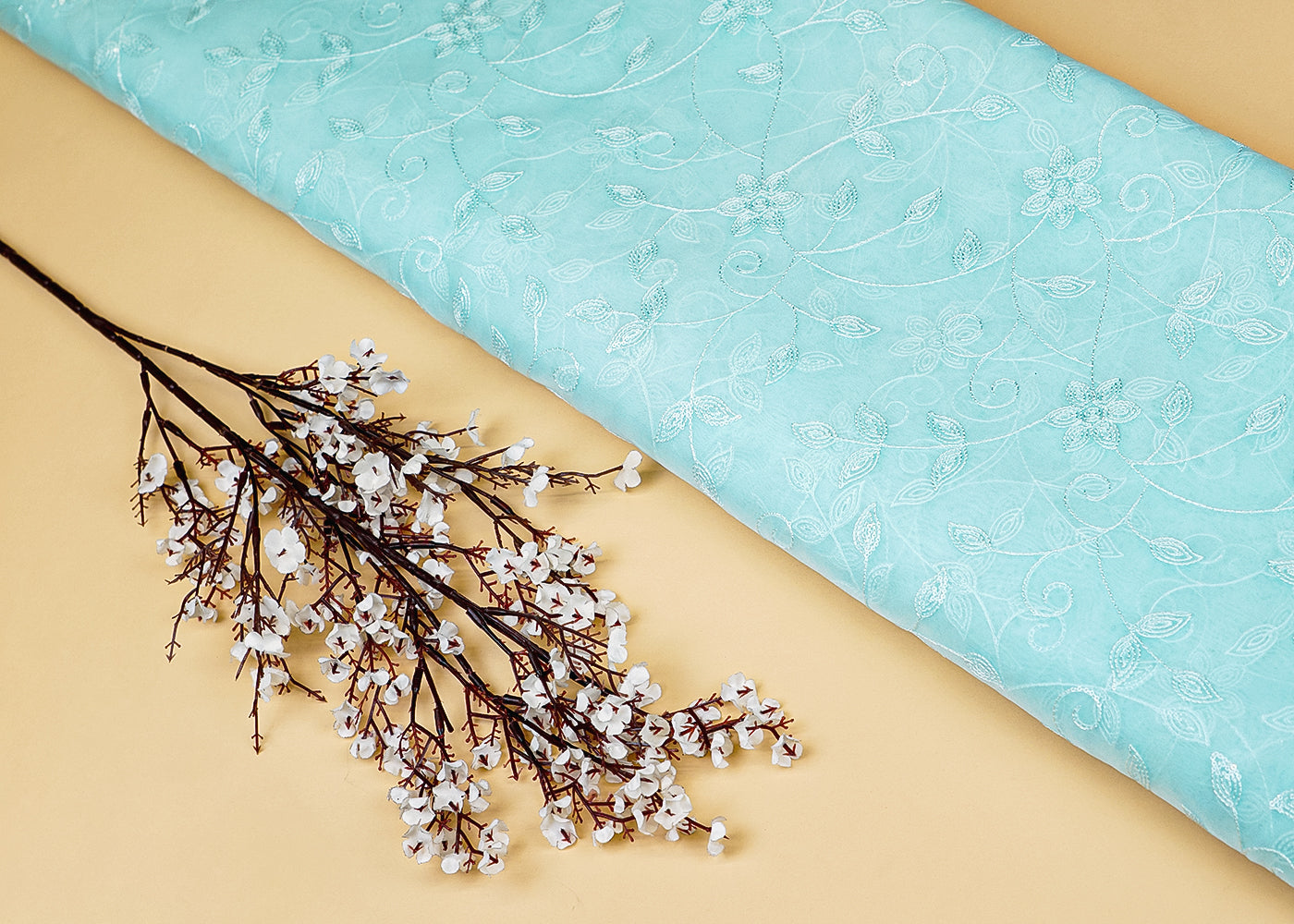 Sky Blue Organza Fabric with Allover Thread and Sequins Work 13654
