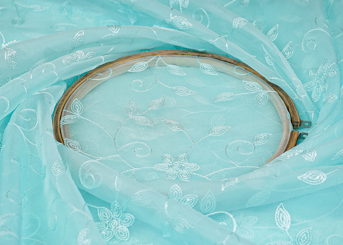 Sky Blue Organza Fabric with Allover Thread and Sequins Work 13654