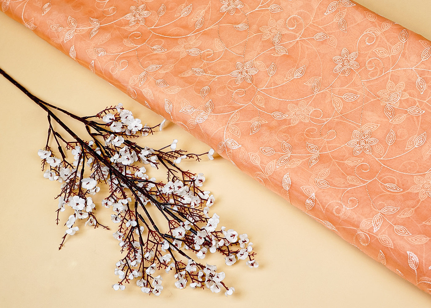 Peach Organza Fabric with Allover Thread and Sequins Work 13655