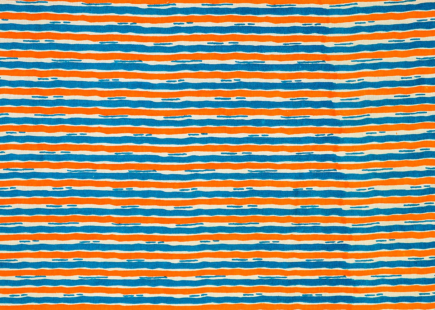 Firozi And Orrange Printed Cotton Fabric with Alternate Stripes 13783
