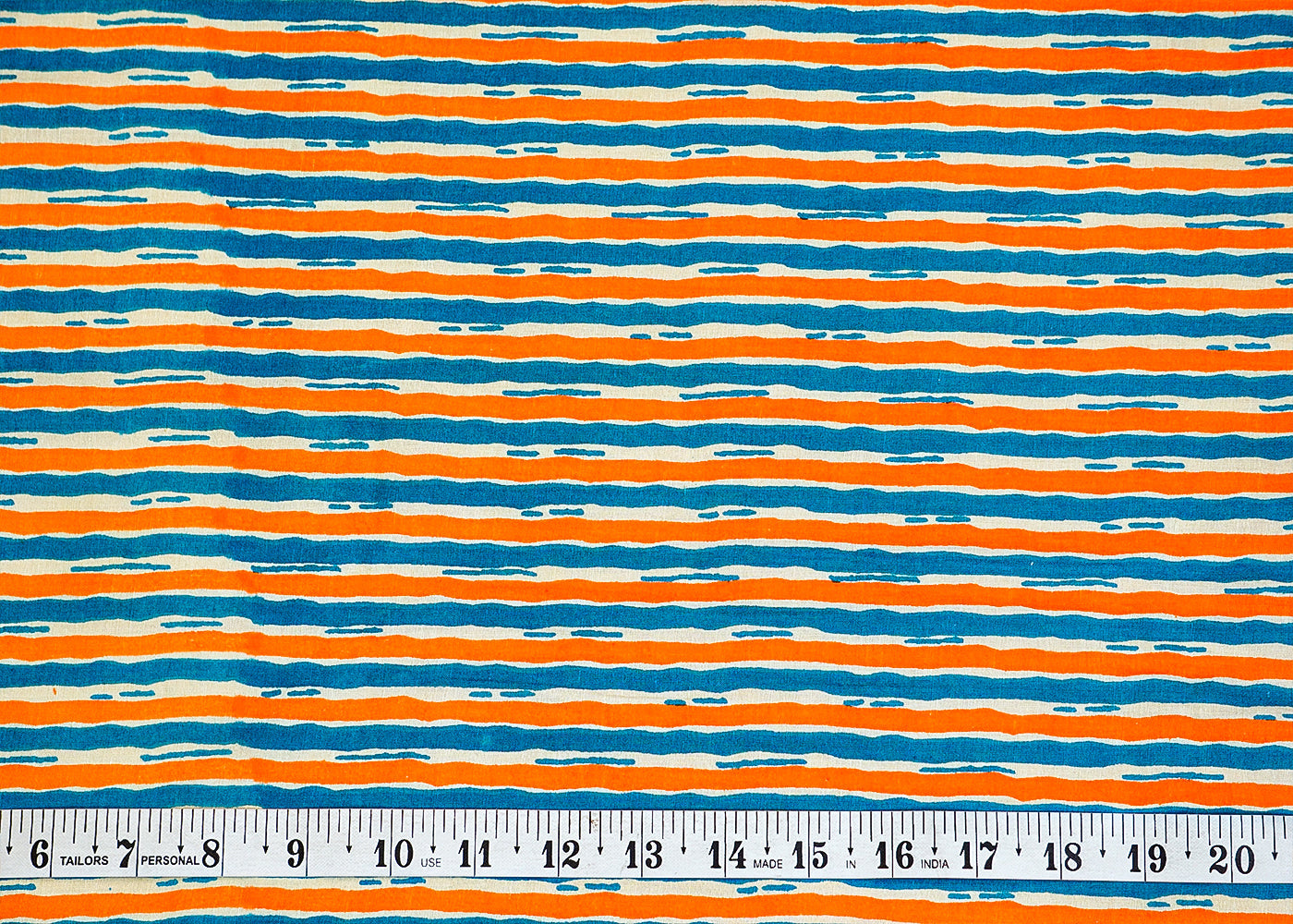 Firozi And Orrange Printed Cotton Fabric with Alternate Stripes 13783