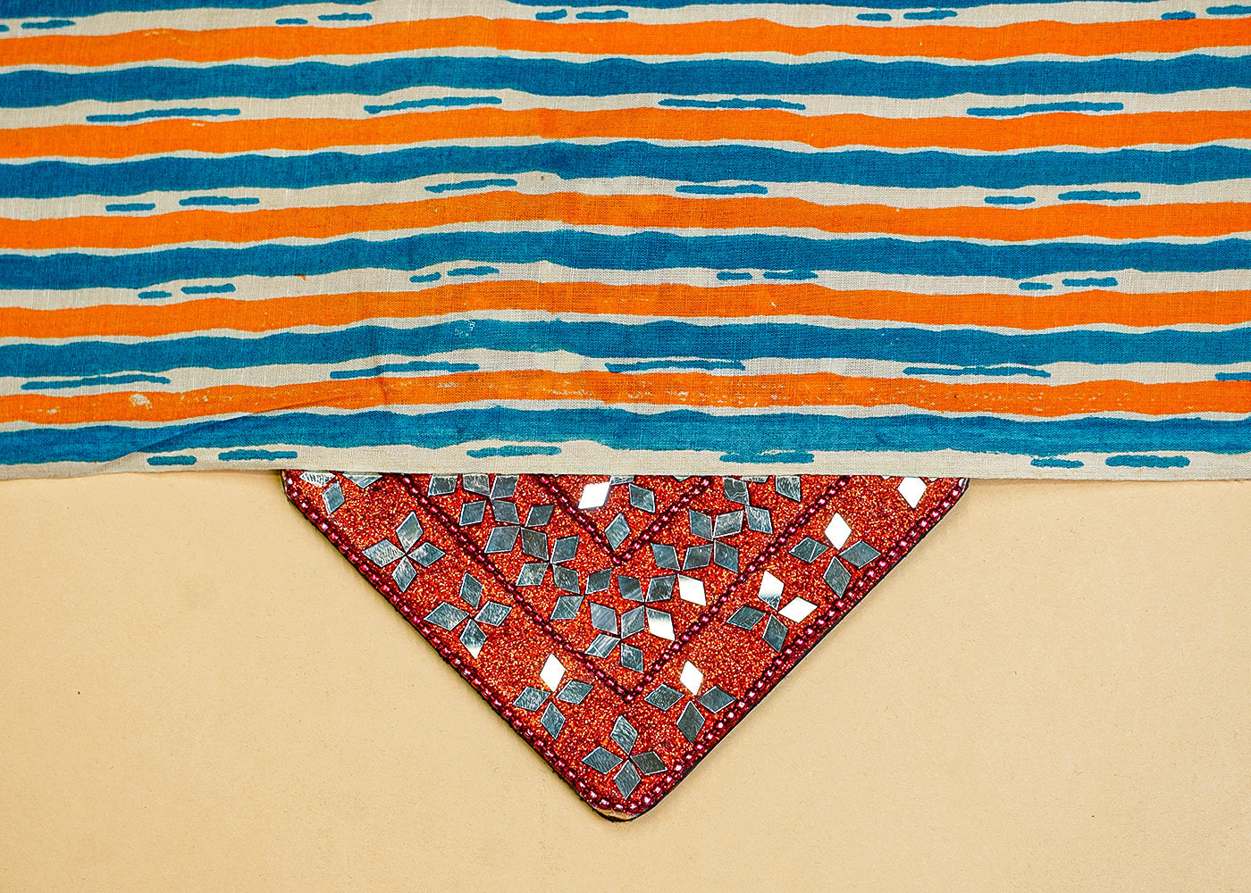 Firozi And Orrange Printed Cotton Fabric with Alternate Stripes 13783
