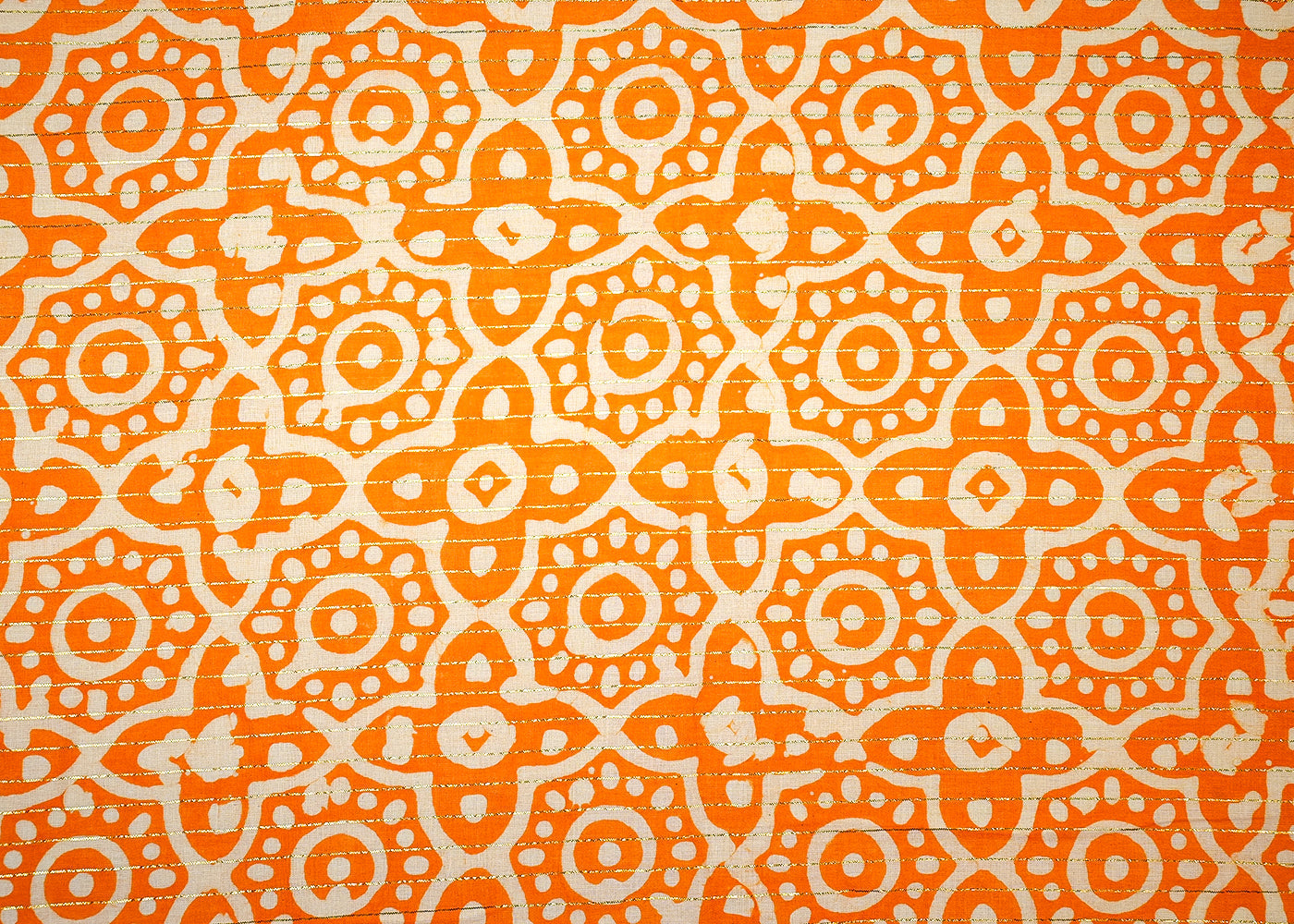 Orange Printed Cotton Fabric with All Over Batik Print Motif and Lurex Thread Work 13801