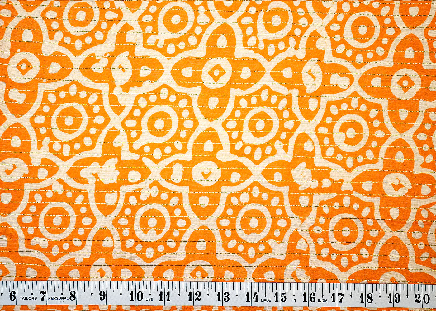 Orange Printed Cotton Fabric with All Over Batik Print Motif and Lurex Thread Work 13801