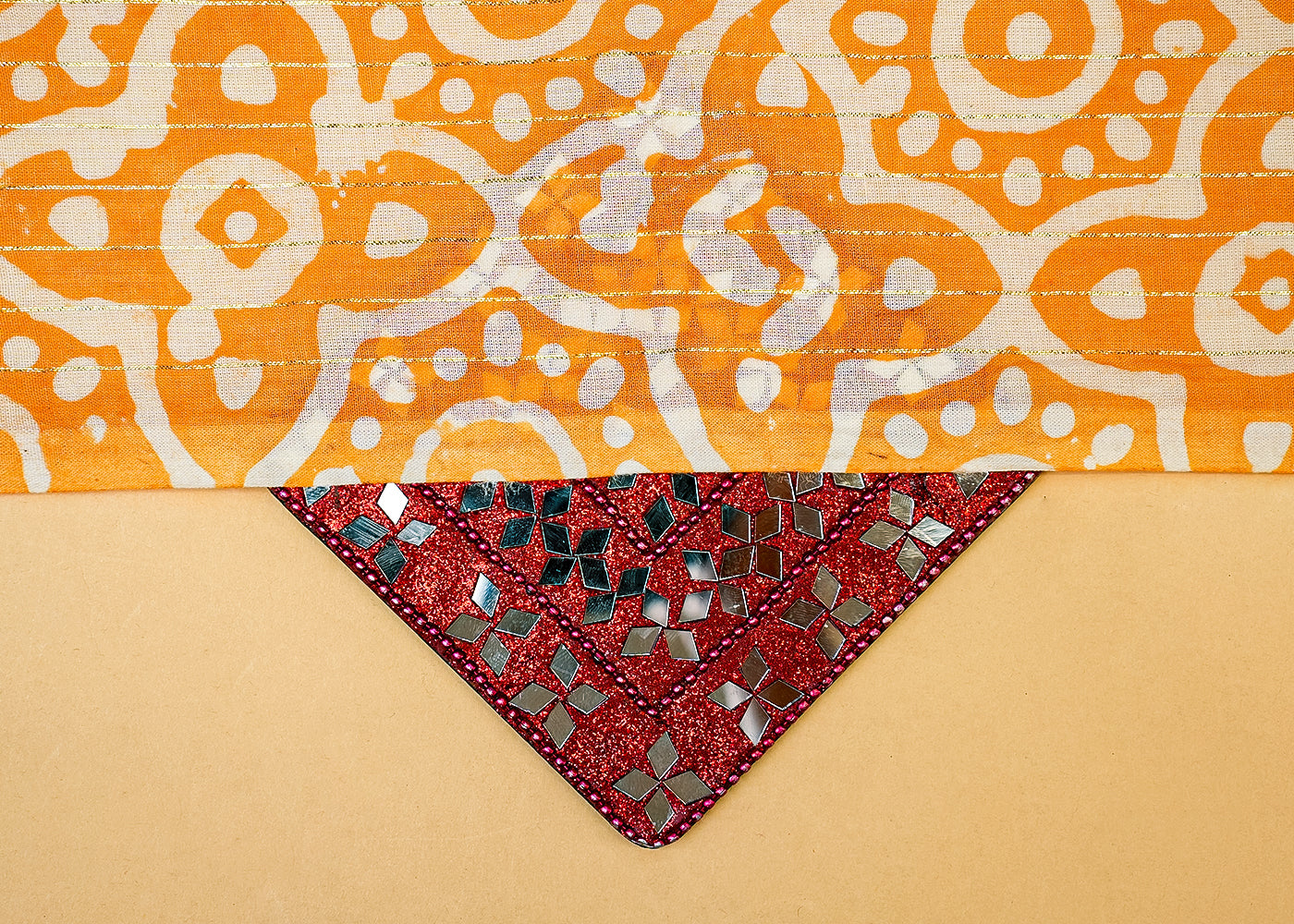 Orange Printed Cotton Fabric with All Over Batik Print Motif and Lurex Thread Work 13801