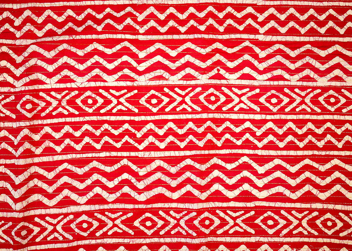 Red Printed Cotton Fabric with All Over Batik Print Stripes and Lurex Thread Work 13803