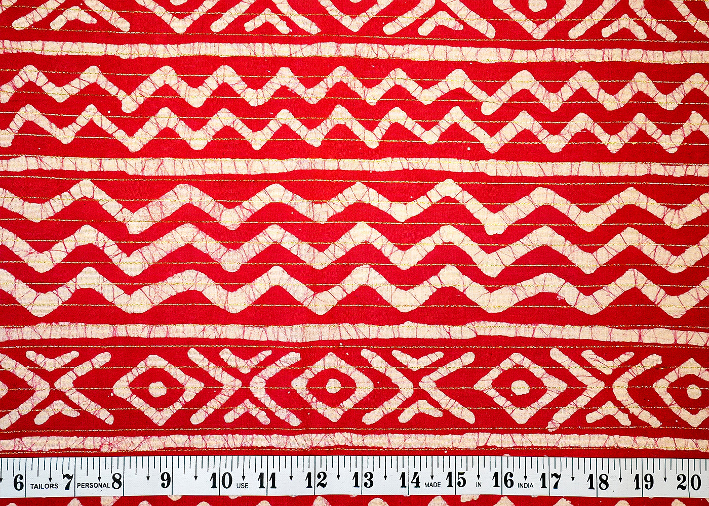 Red Printed Cotton Fabric with All Over Batik Print Stripes and Lurex Thread Work 13803