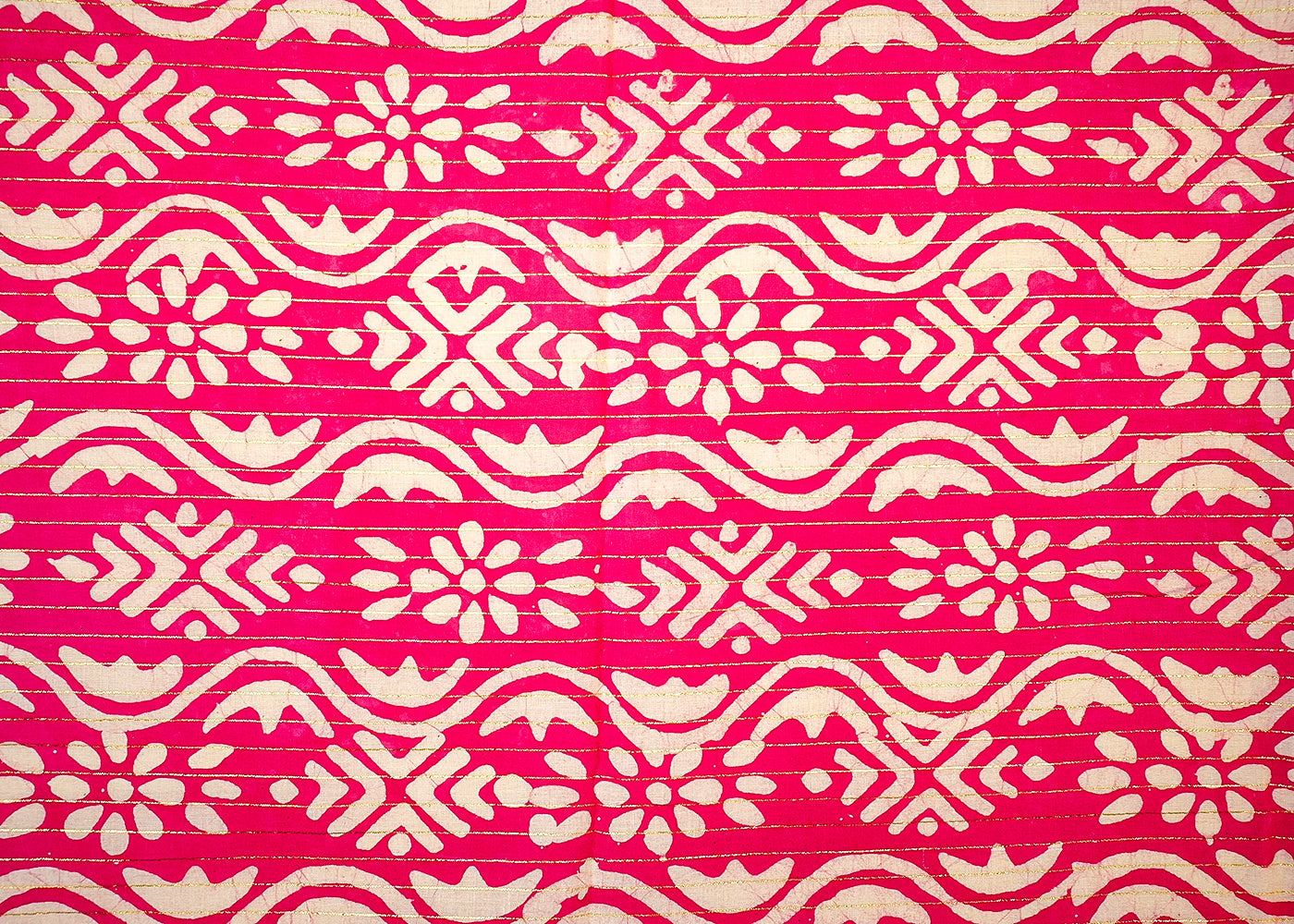 Pink Printed Cotton Fabric with All Over Batik Print Stripes and Lurex Thread Work 13804