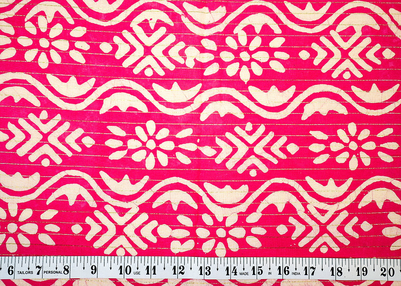 Pink Printed Cotton Fabric with All Over Batik Print Stripes and Lurex Thread Work 13804