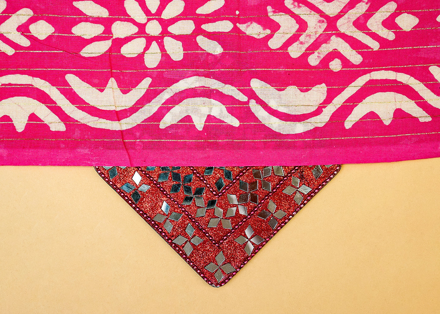 Pink Printed Cotton Fabric with All Over Batik Print Stripes and Lurex Thread Work 13804