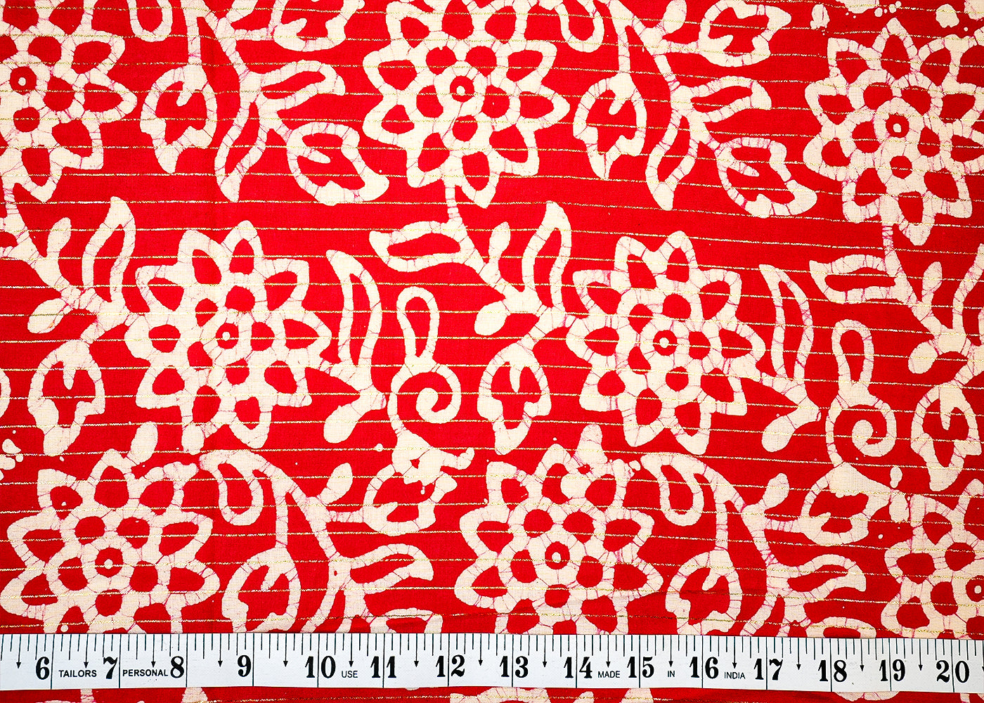 Red Printed Cotton Fabric with All Over Batik Print Motif and Lurex Thread Work 13805