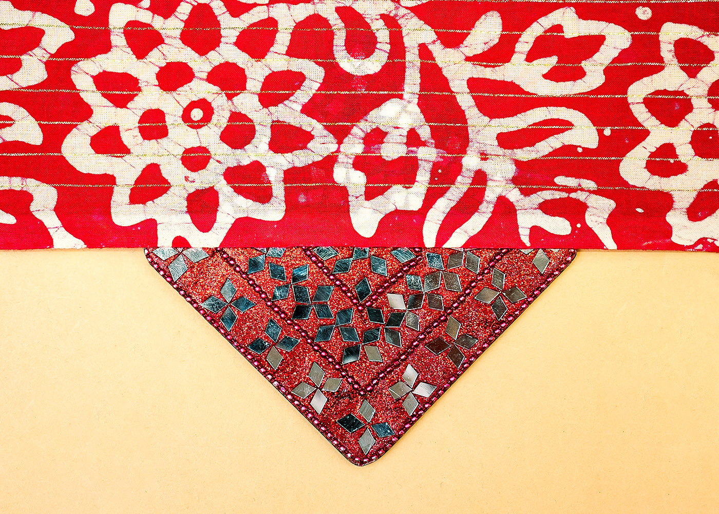 Red Printed Cotton Fabric with All Over Batik Print Motif and Lurex Thread Work 13805