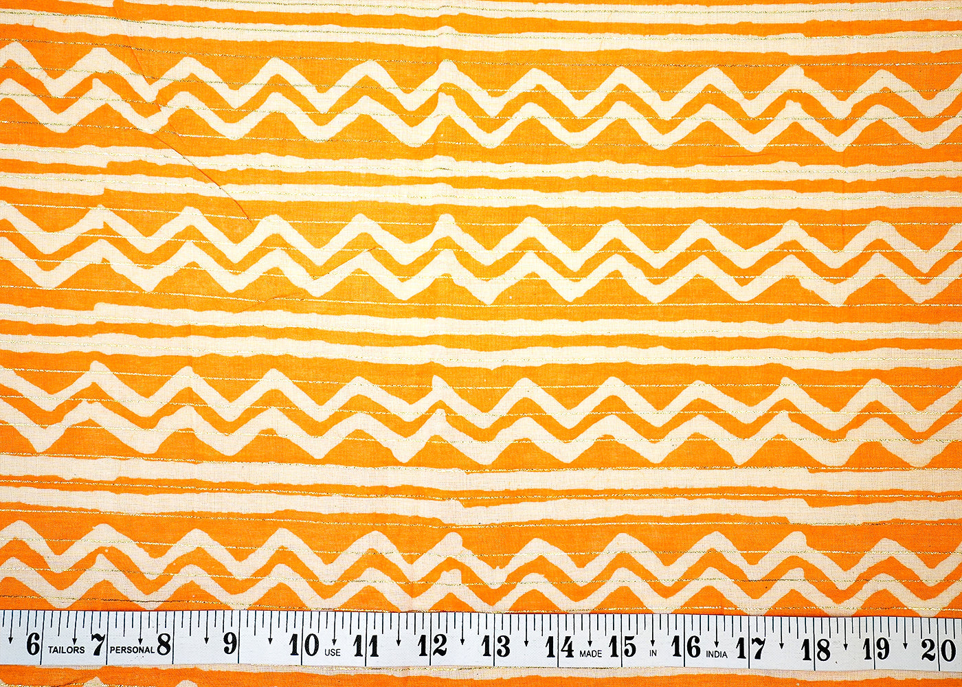 Yellow Printed Cotton Fabric with All Over Batik Print Stripes and Lurex Thread Work 13806
