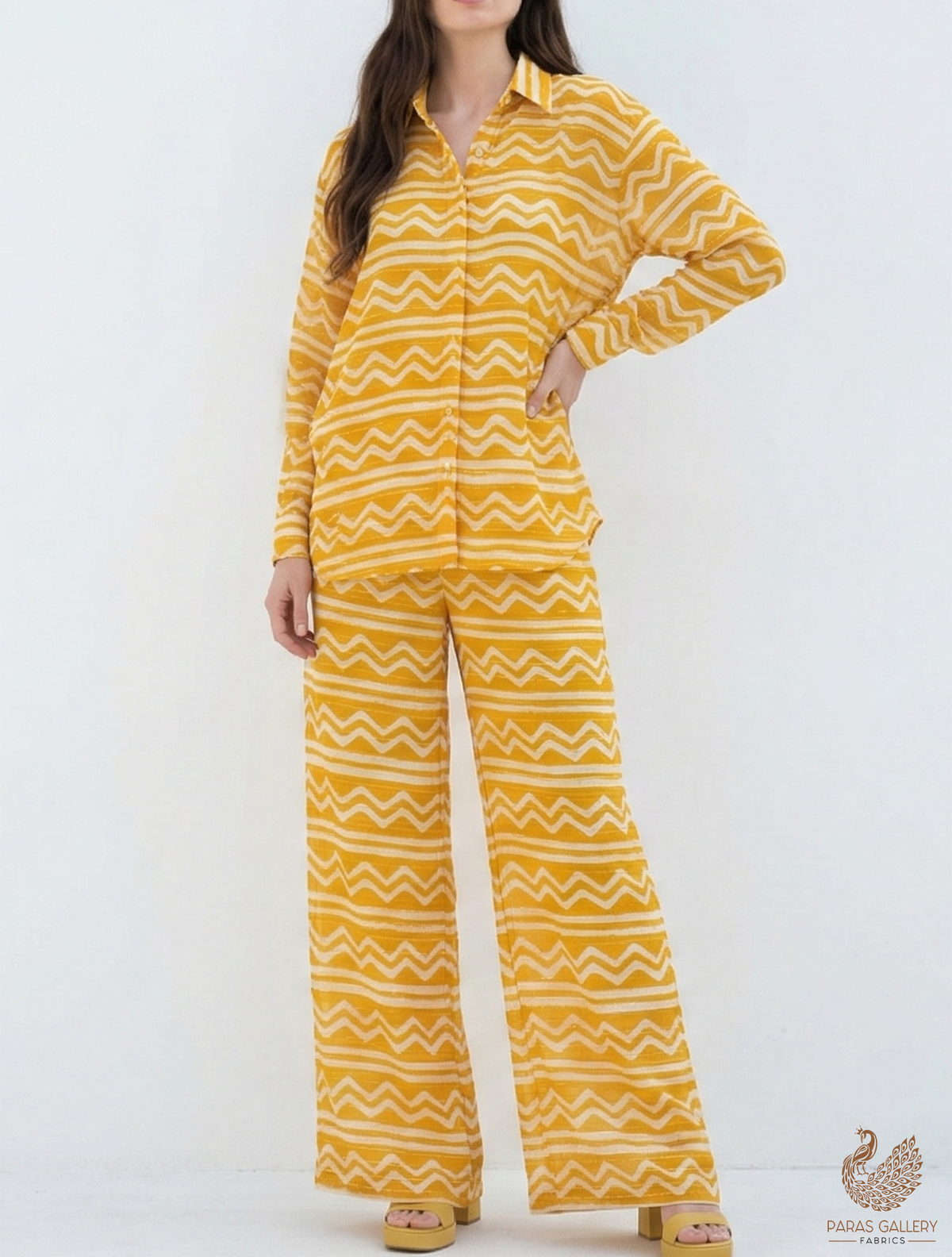 Yellow Printed Cotton Fabric with All Over Batik Print Stripes and Lurex Thread Work 13806