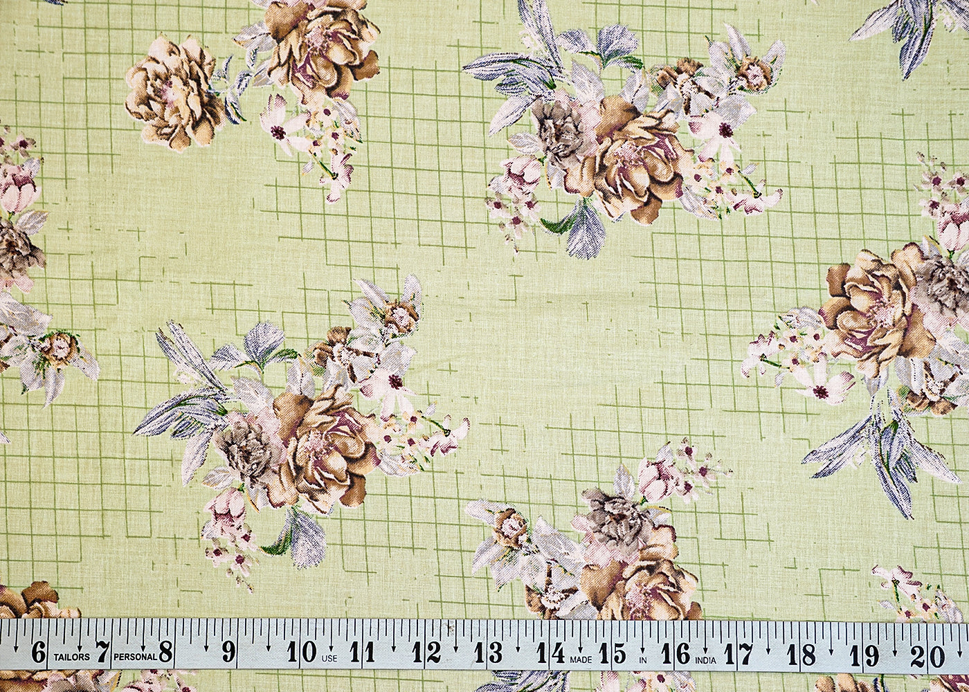 Pista Green Printed Cotton Fabric with Allover Flower Motifs 13815