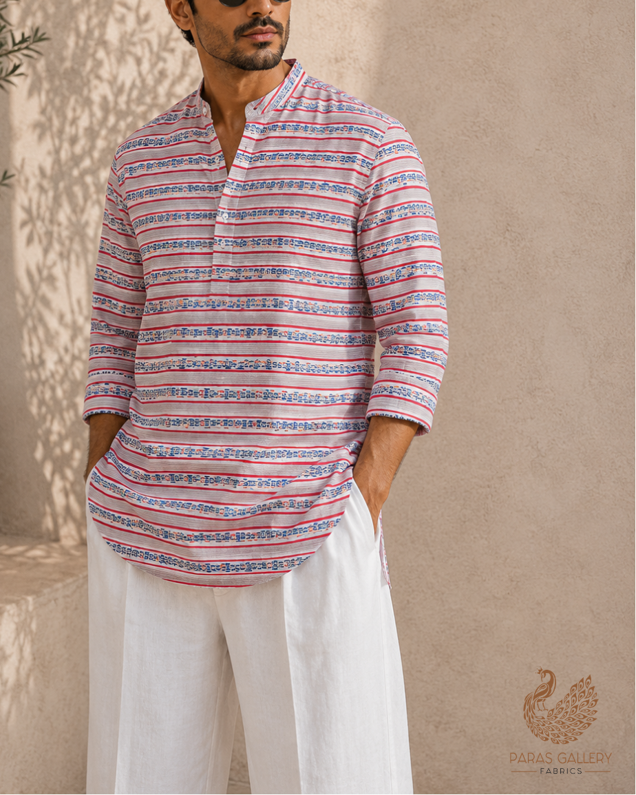 Grey And Blue Cotton Fabric with Alternate Stripes Print 13832