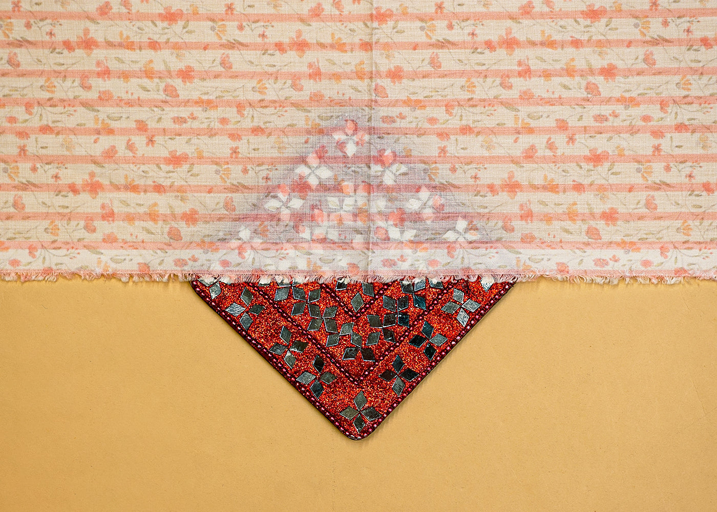 Peach Cotton Fabric with Floral Motifs and Stripes 13850