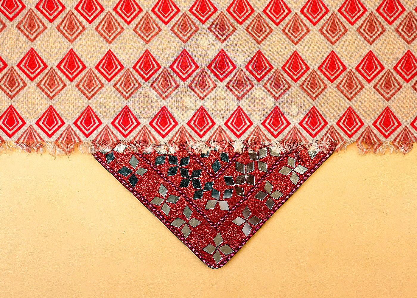 Beige Cotton Fabric with Allover Diamond Pattern 13853