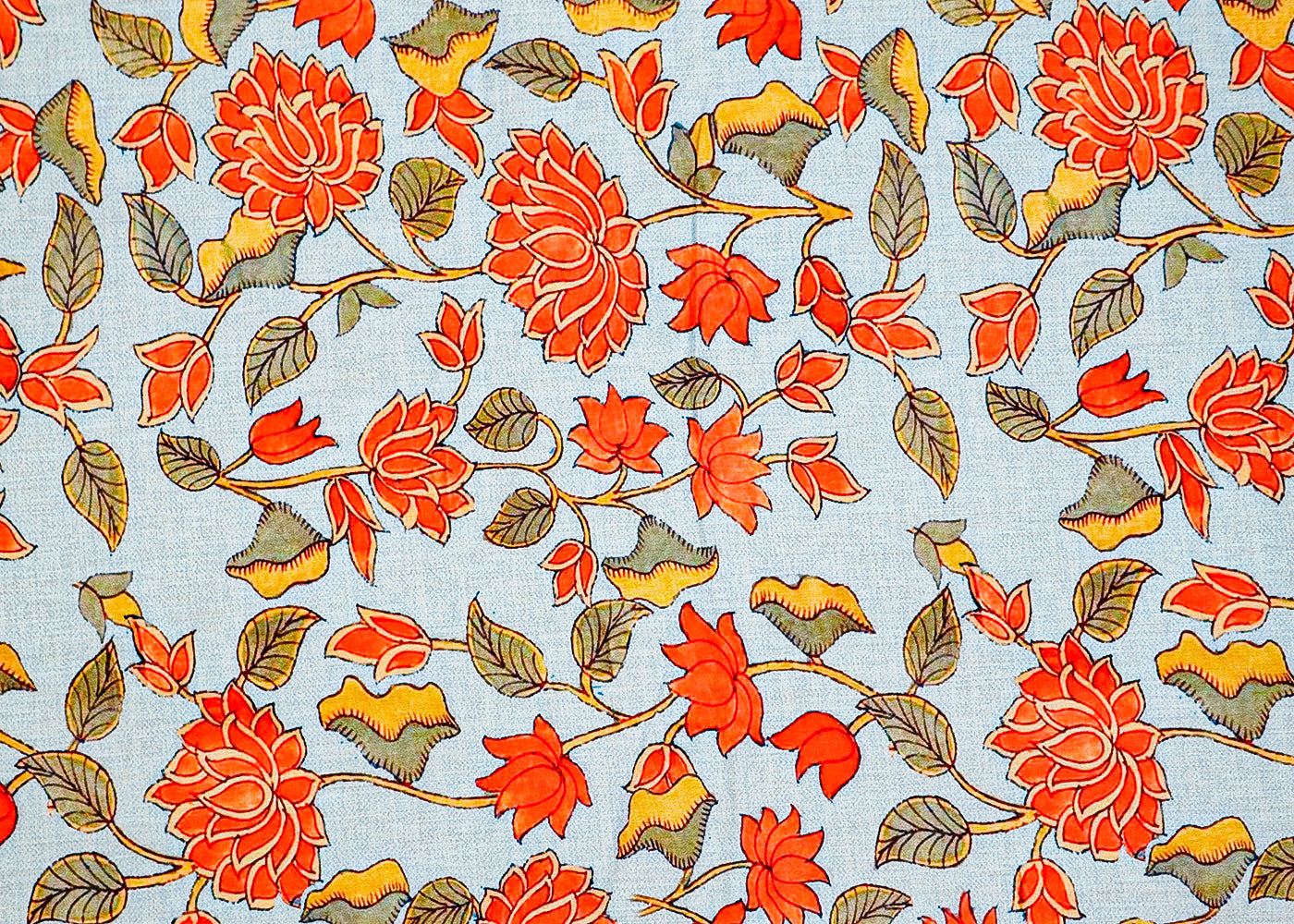 Sky Blue Cotton Fabric with Ice Blue Base and Vibrant Orange Flower Print 13861