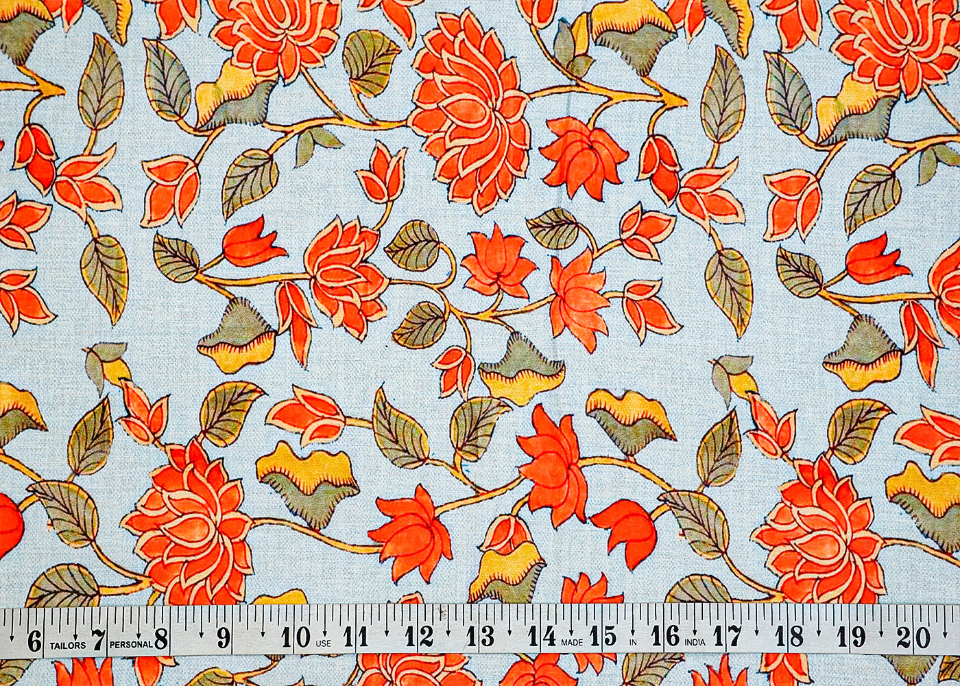 Sky Blue Cotton Fabric with Ice Blue Base and Vibrant Orange Flower Print 13861