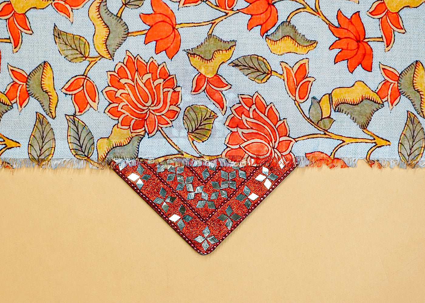 Sky Blue Cotton Fabric with Ice Blue Base and Vibrant Orange Flower Print 13861