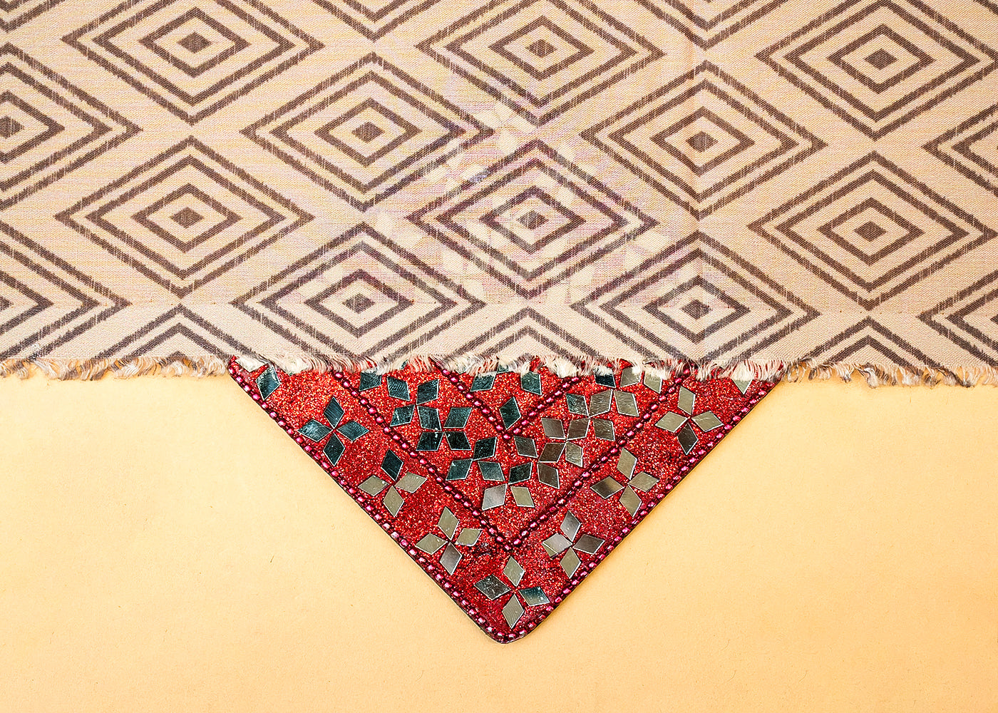 Beige Cotton Fabric with Allover Diamond-Shaped Pattern 13862