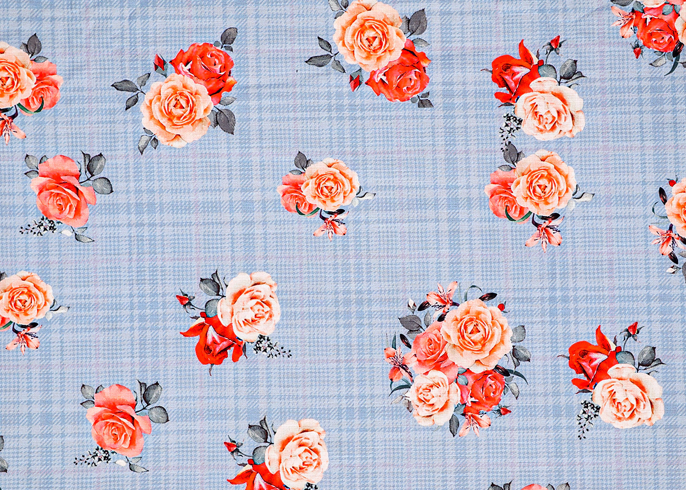 Green Cotton Fabric with Check Base and Floral Print 13869