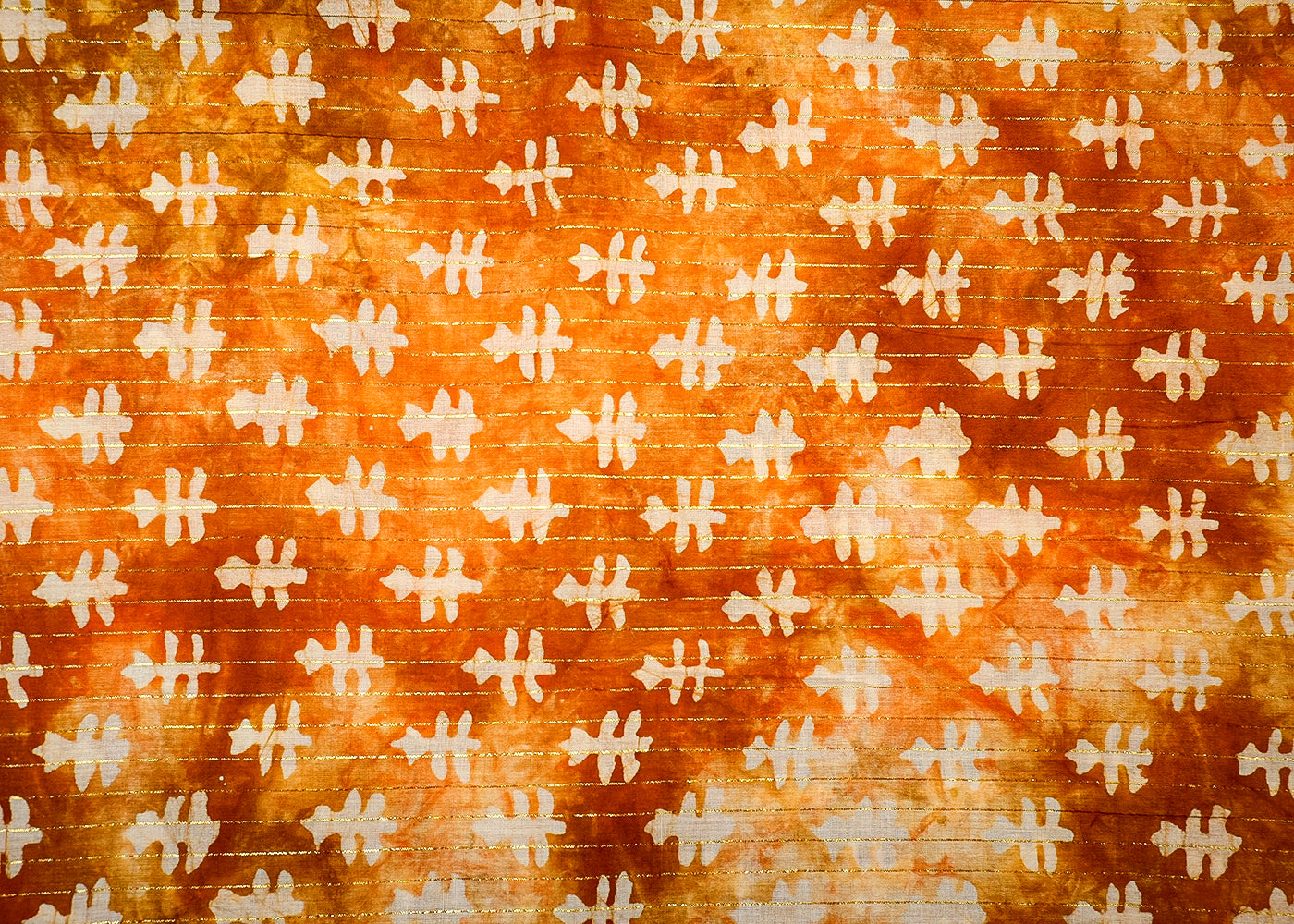 Rust And Orange Printed Cotton Fabric with All Over Batik Print Motif and Lurex Thread Work 13884