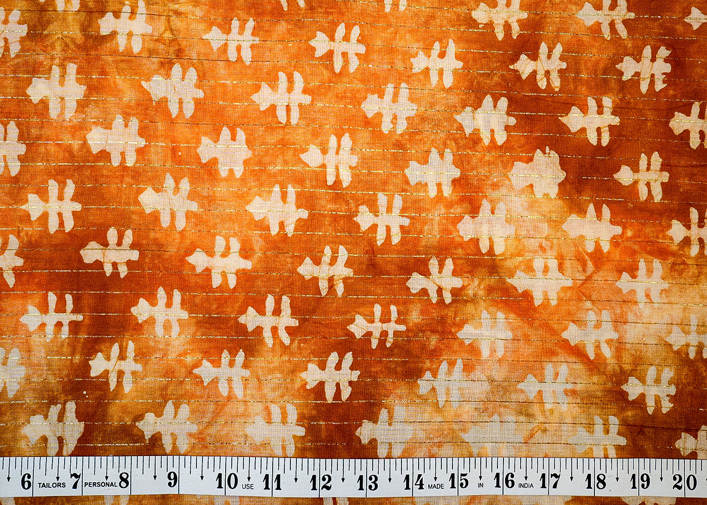Rust And Orange Printed Cotton Fabric with All Over Batik Print Motif and Lurex Thread Work 13884
