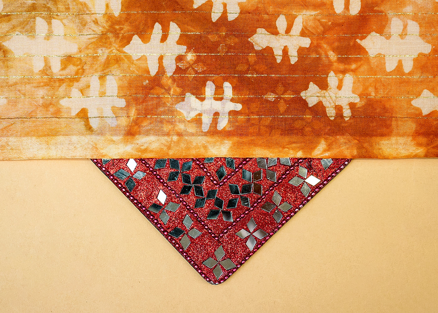 Rust And Orange Printed Cotton Fabric with All Over Batik Print Motif and Lurex Thread Work 13884