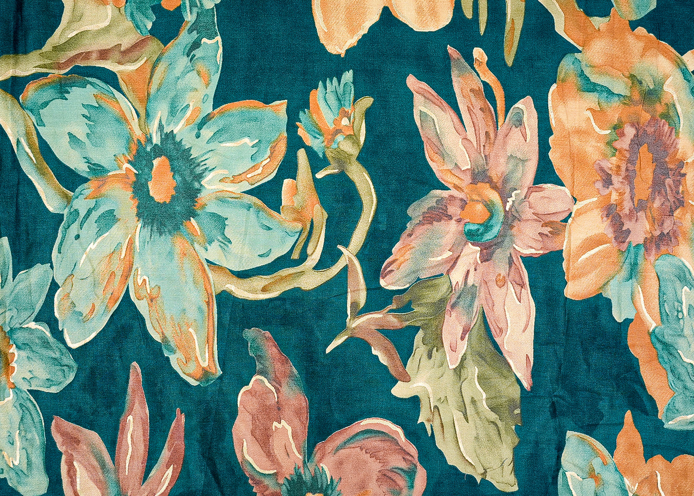 Teal Blue Glaze Cotton Fabric with Allover Big Flowers Print 13907