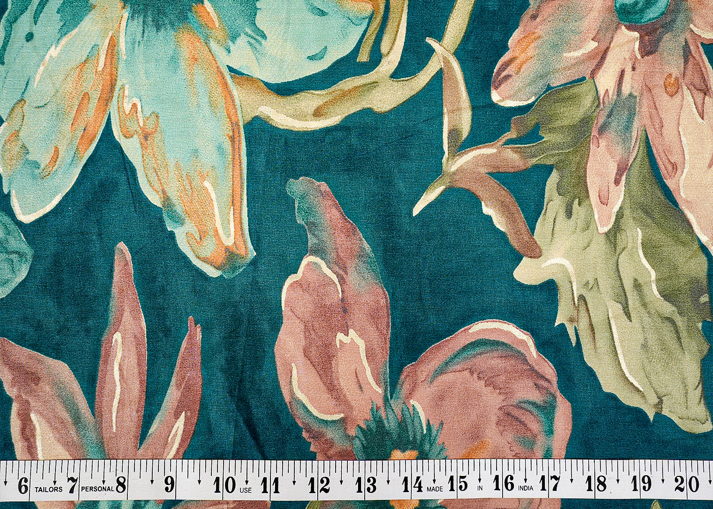 Teal Blue Glaze Cotton Fabric with Allover Big Flowers Print 13907
